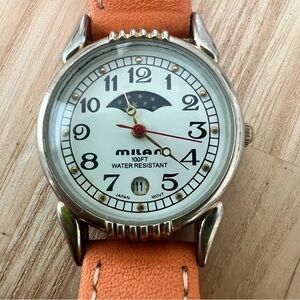 Vintage style Milan moon phase Italian calfskin dress watch NEW BATTERY